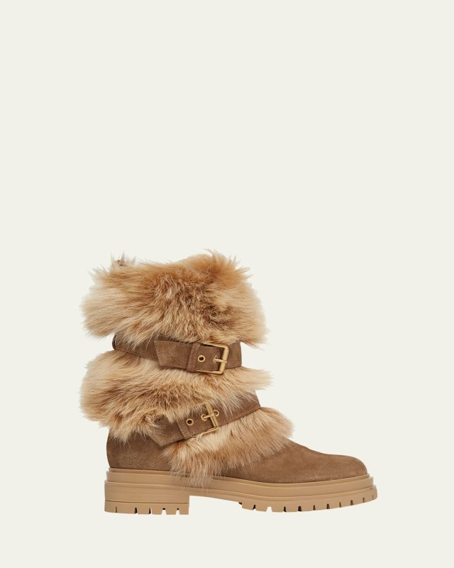 Sheep Shearling Suede Belted Boots